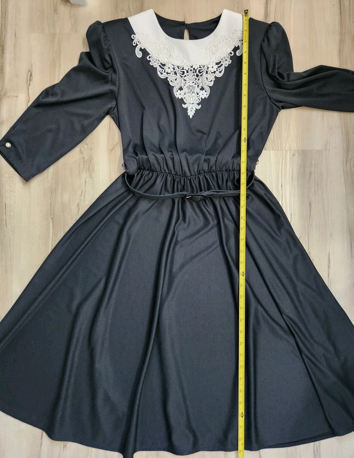 Vtg 80s 40s Whirlaway Frocks Black White Lace Collar Midi Dress Twirl Belted 6 P
