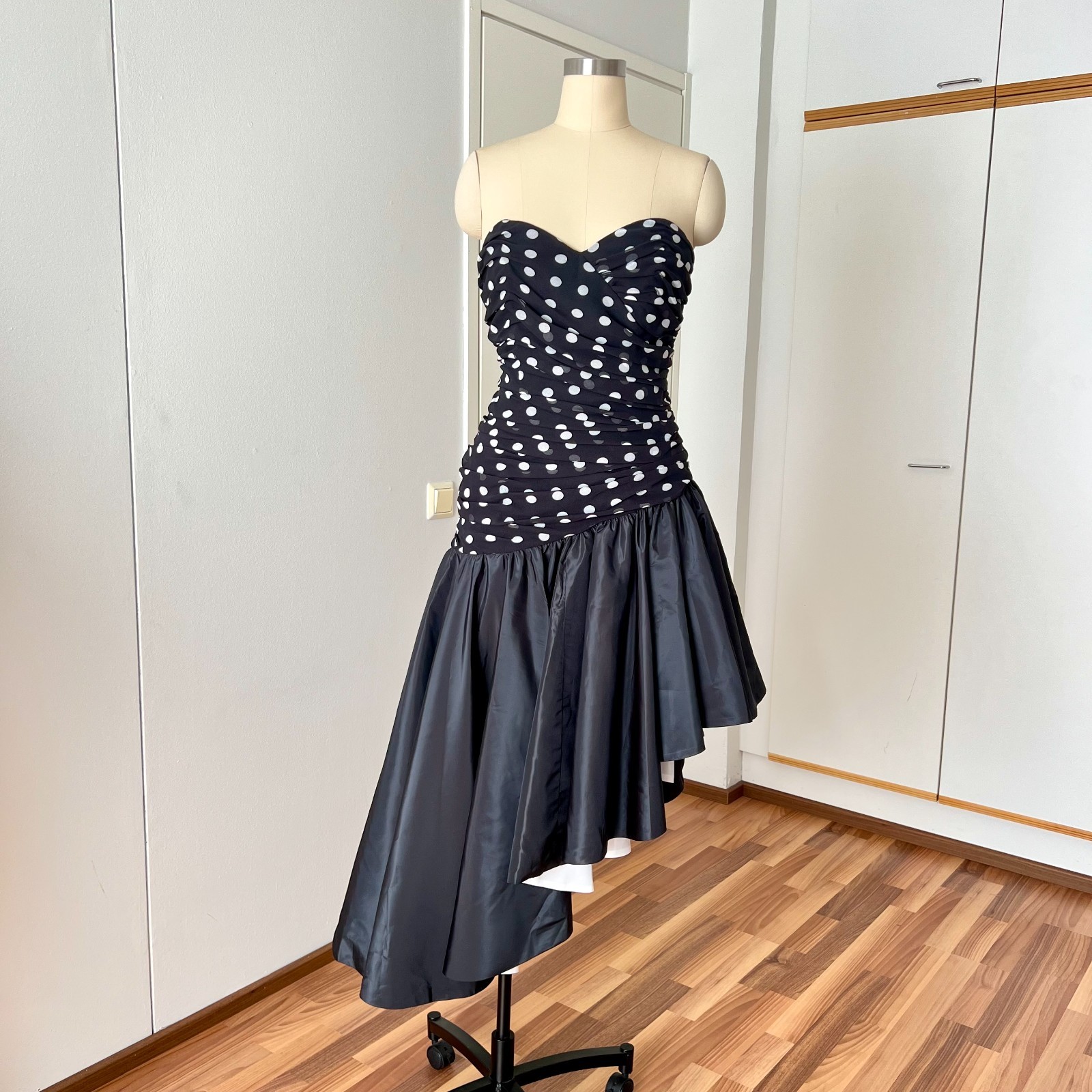 1980s Strapless Polka Dot Dress West German Asymmetrical Cocktail Party Gown 40