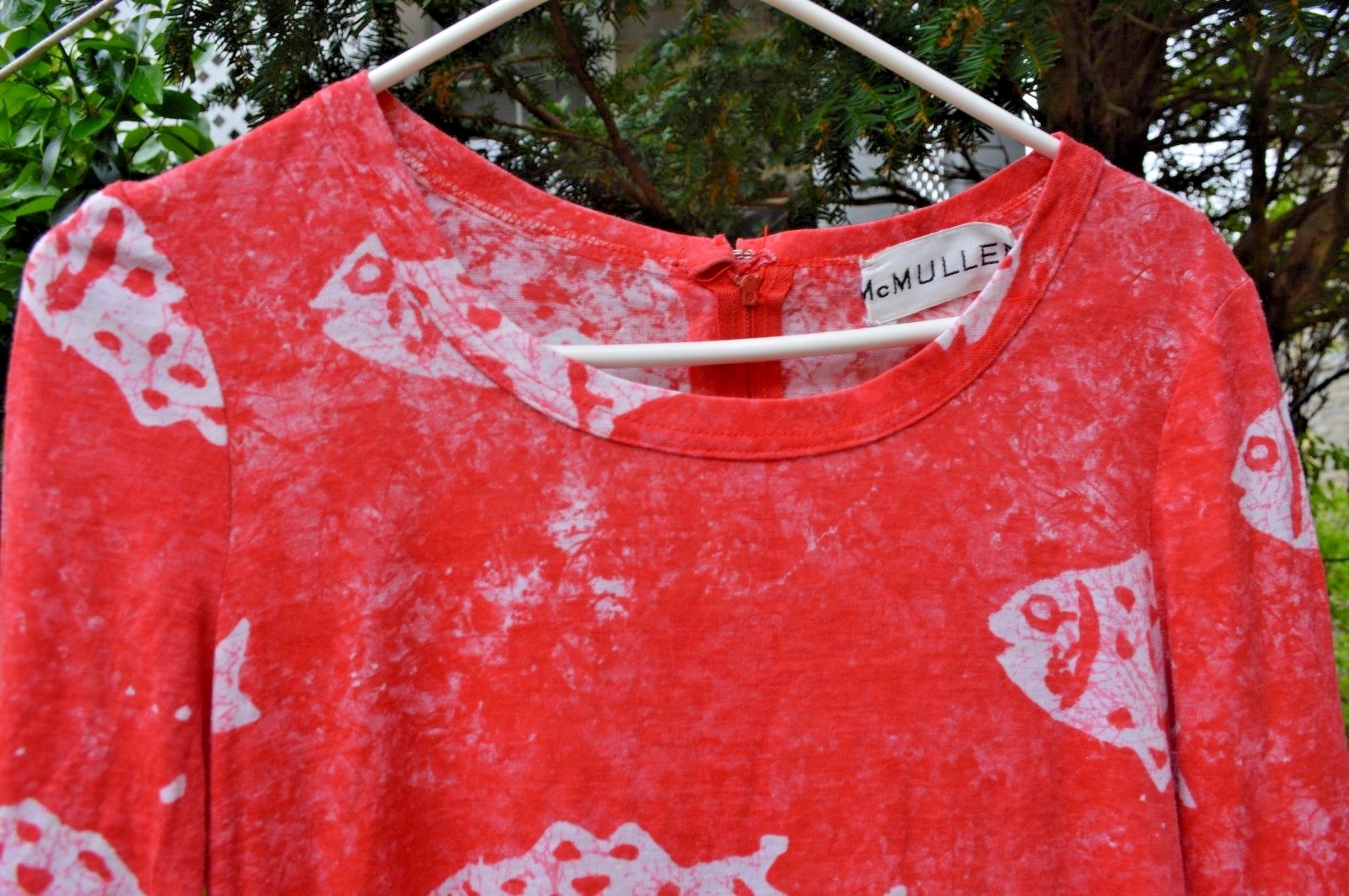 Vintage McMullen Dress Cotton Batik Fish Print Long Sleeve Zipper Back