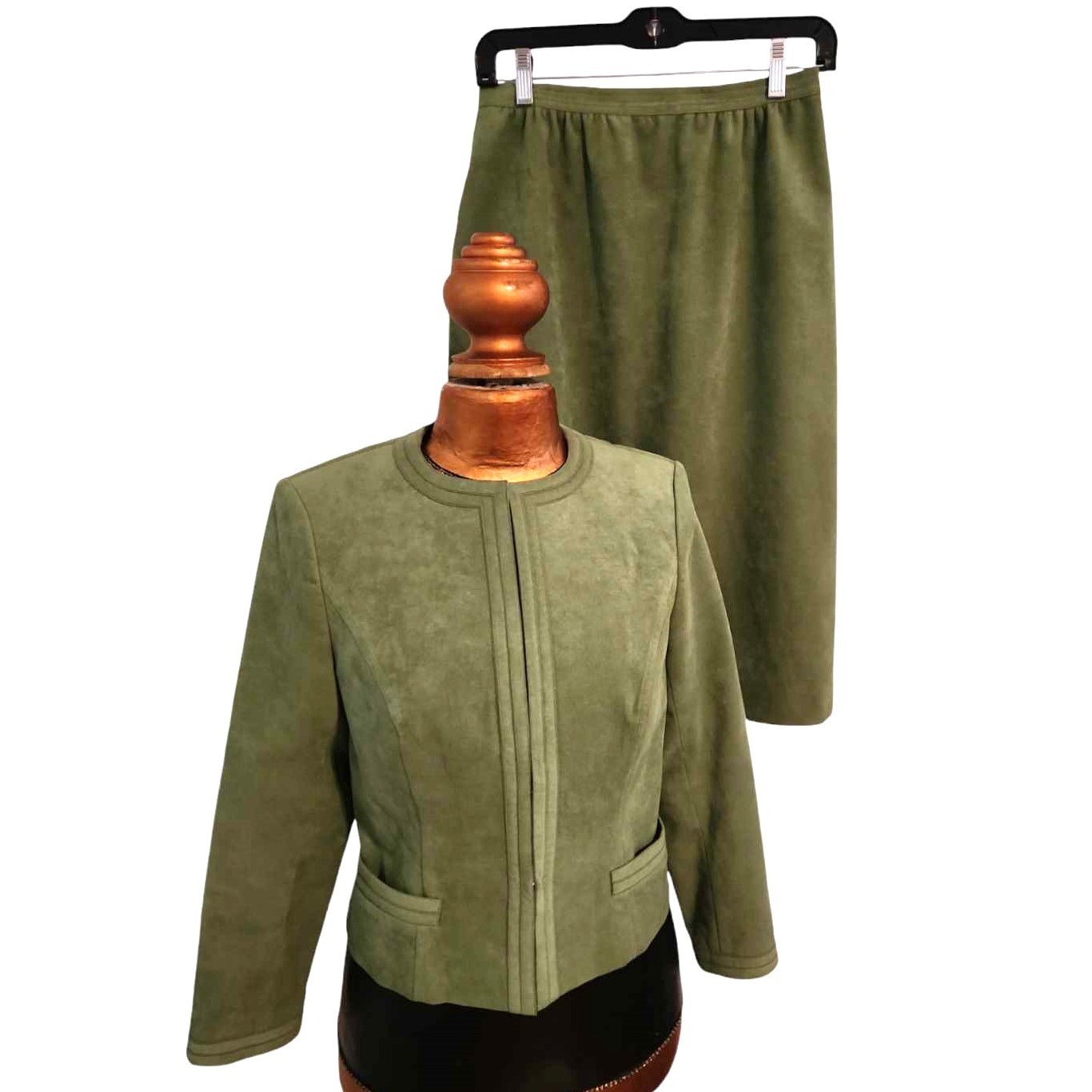 Vintage 70s James Chen Hong Kong Brushed Suede 2-Piece Skirt Suit Moss Green S