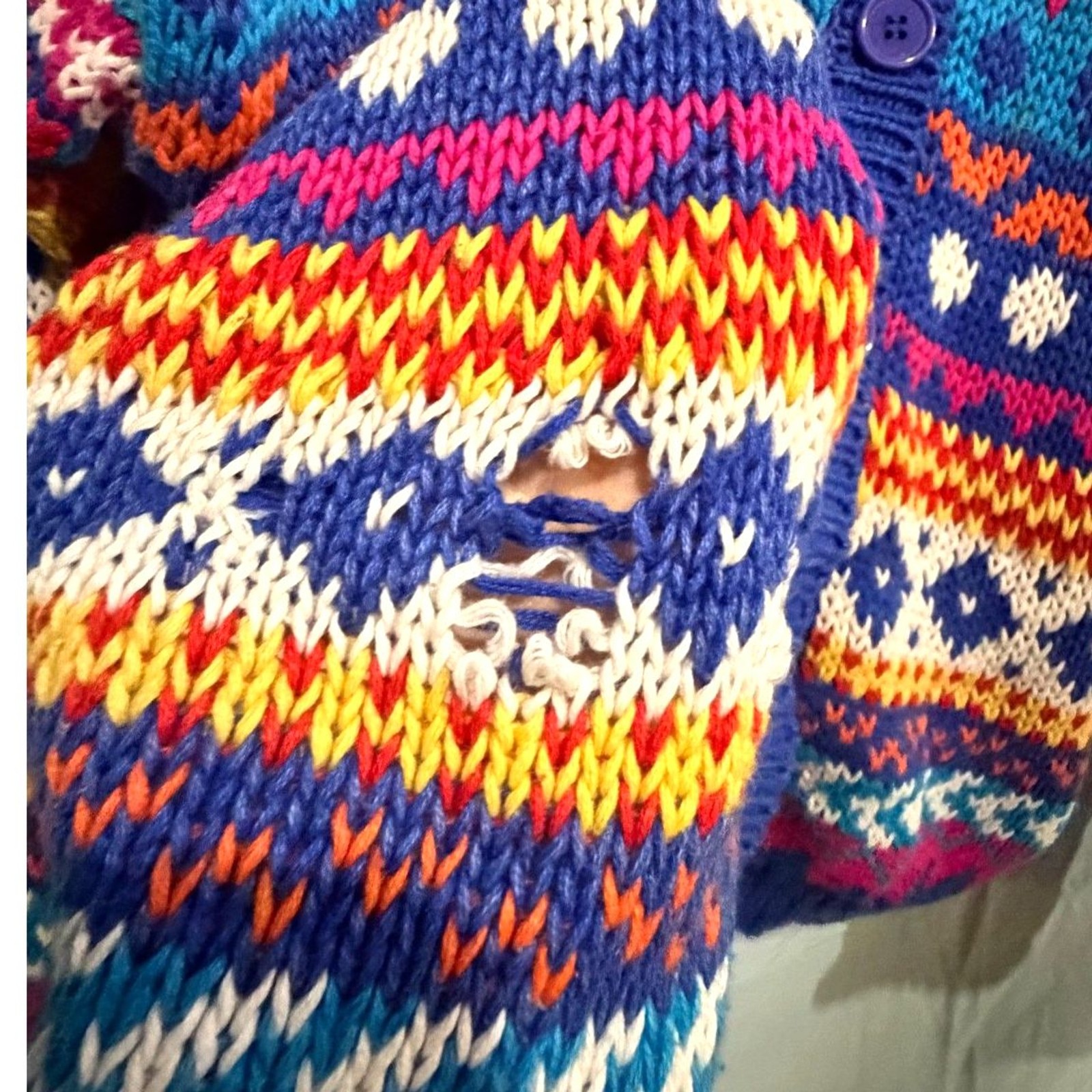 Vintage 80s Marsh Landing Hand Knit Cardigan PL Fair Isle Ramie Cotton Colorful