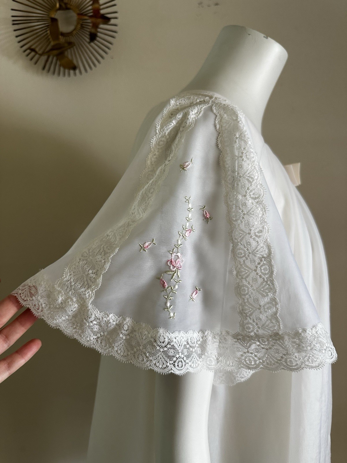 1960s Shadowline Nylon Peignoir Set M Babydoll Robe Lace Floral Sheer Boudoir