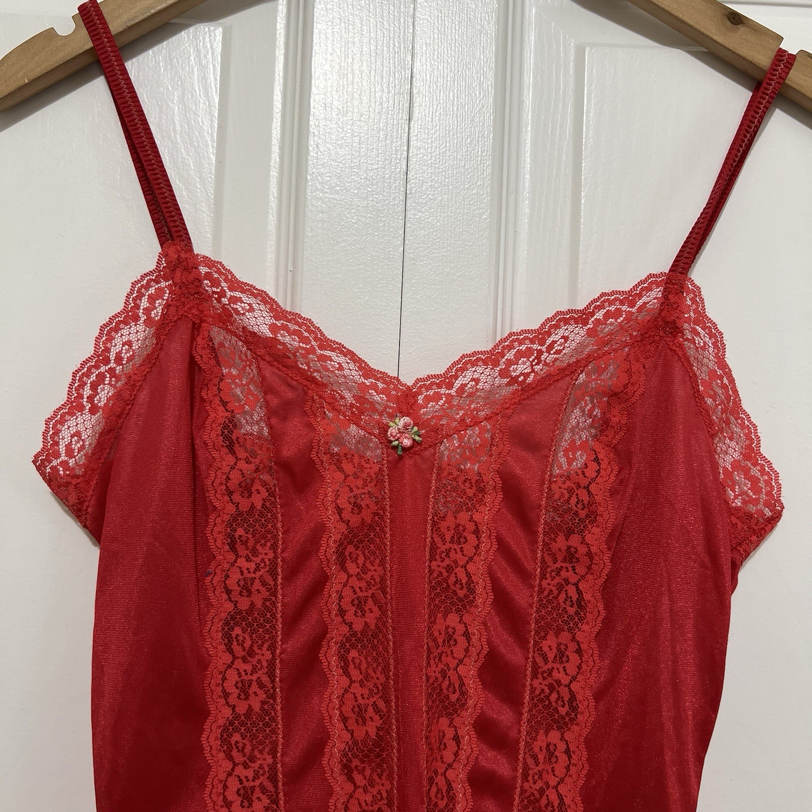 Vtg 80s Nan Flower Red Lace Camisole w/ Garter Straps and Stockings Small USA