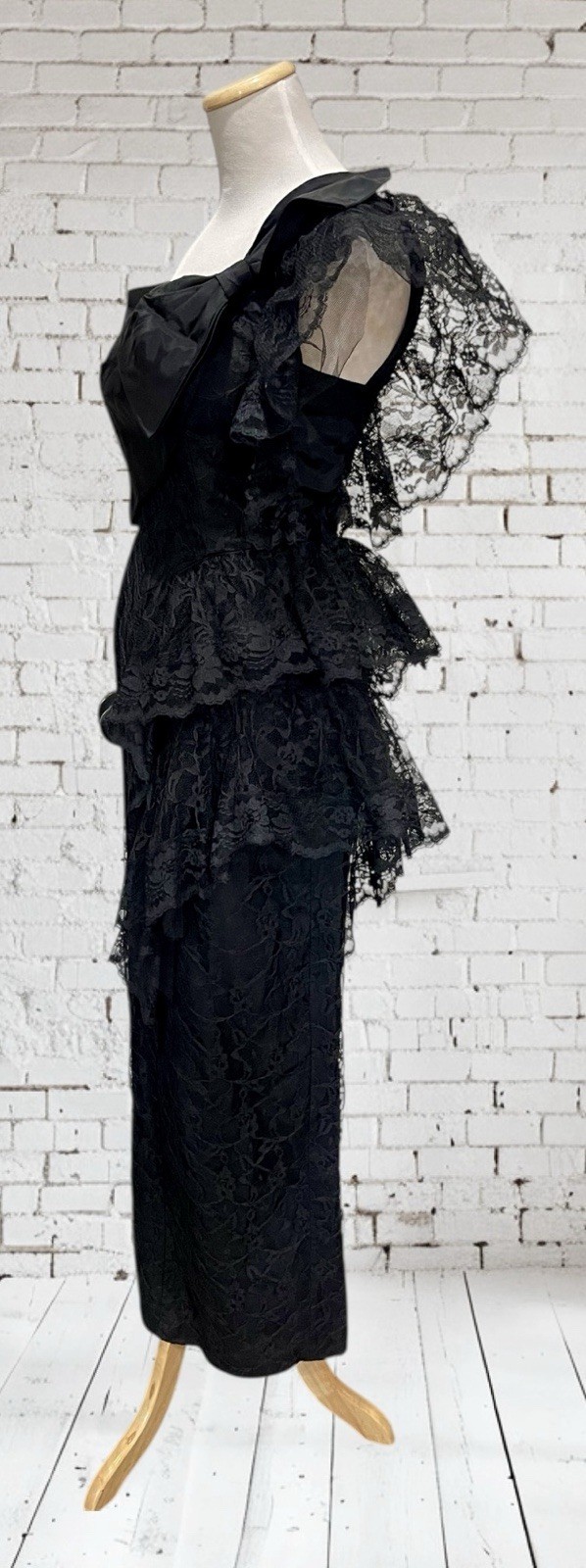 Vtg Climax Karen Okada David Howard Lace Black One Shoulder Bow Party Prom 3/4