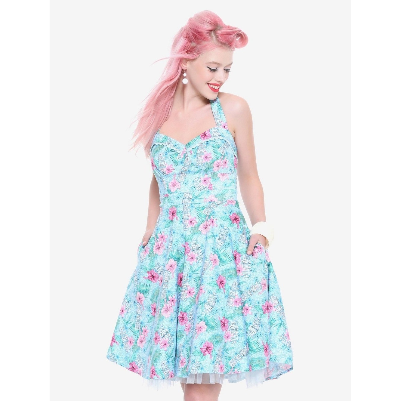 Hot Topic Tiki Print Halter Swing Dress Blue Pink Floral Retro Rockabilly NWT M