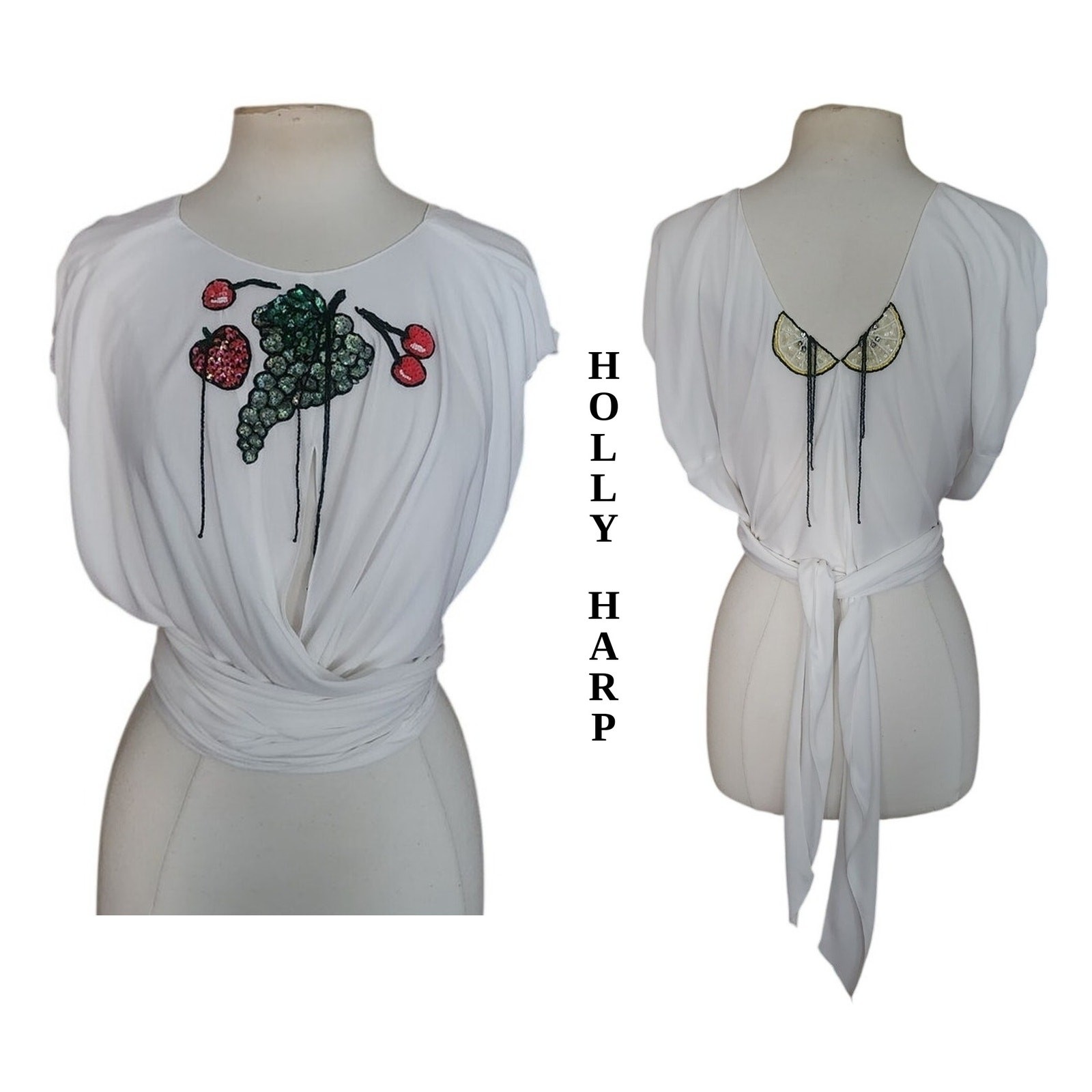 Vintage 1980s Holly Harp Top or Tunic Silk Jersey Fruit Sequins Beaded Fringe