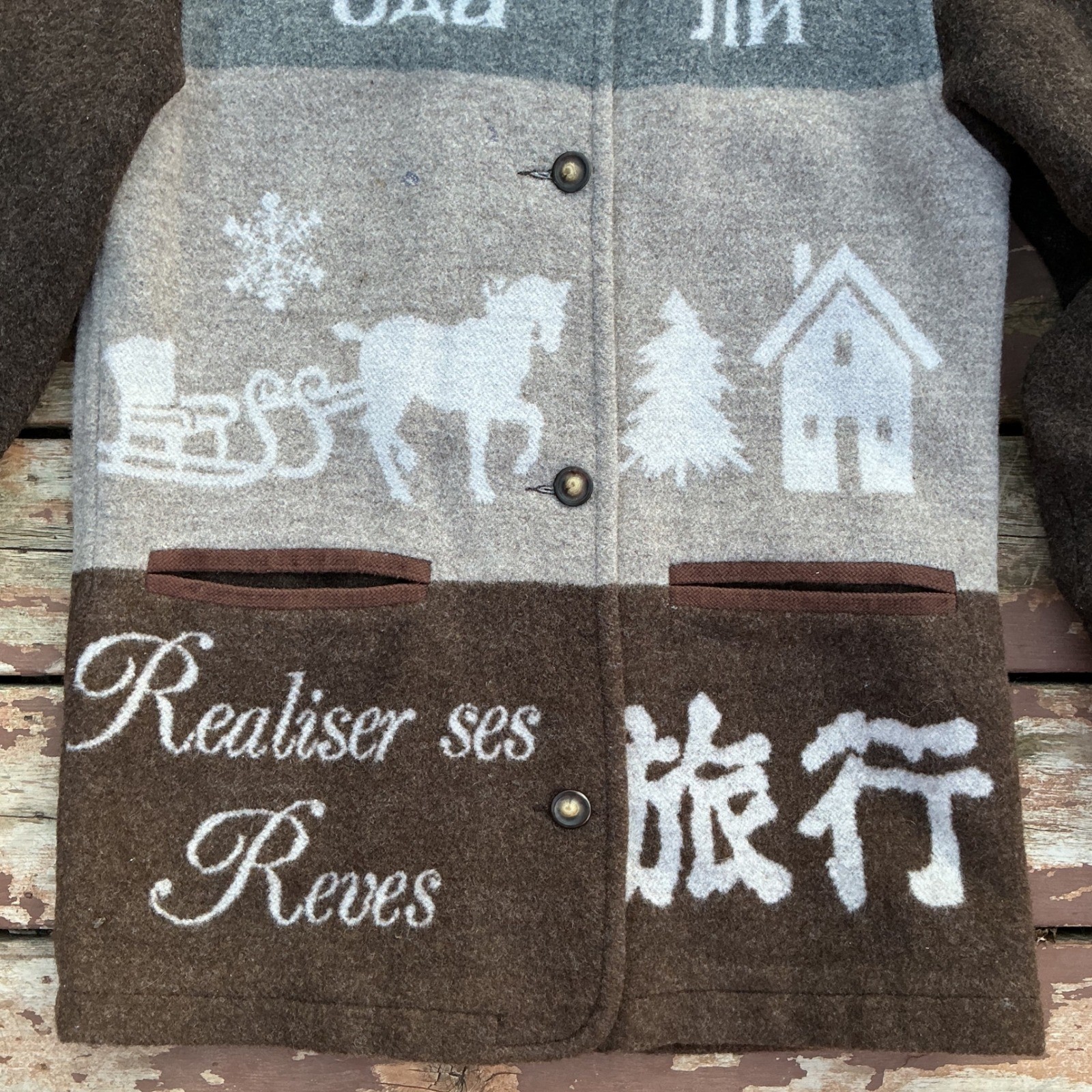 Gallery Wool Blend Coat Womens Small Gray Horse Snowflake Faux Shearling Vintage