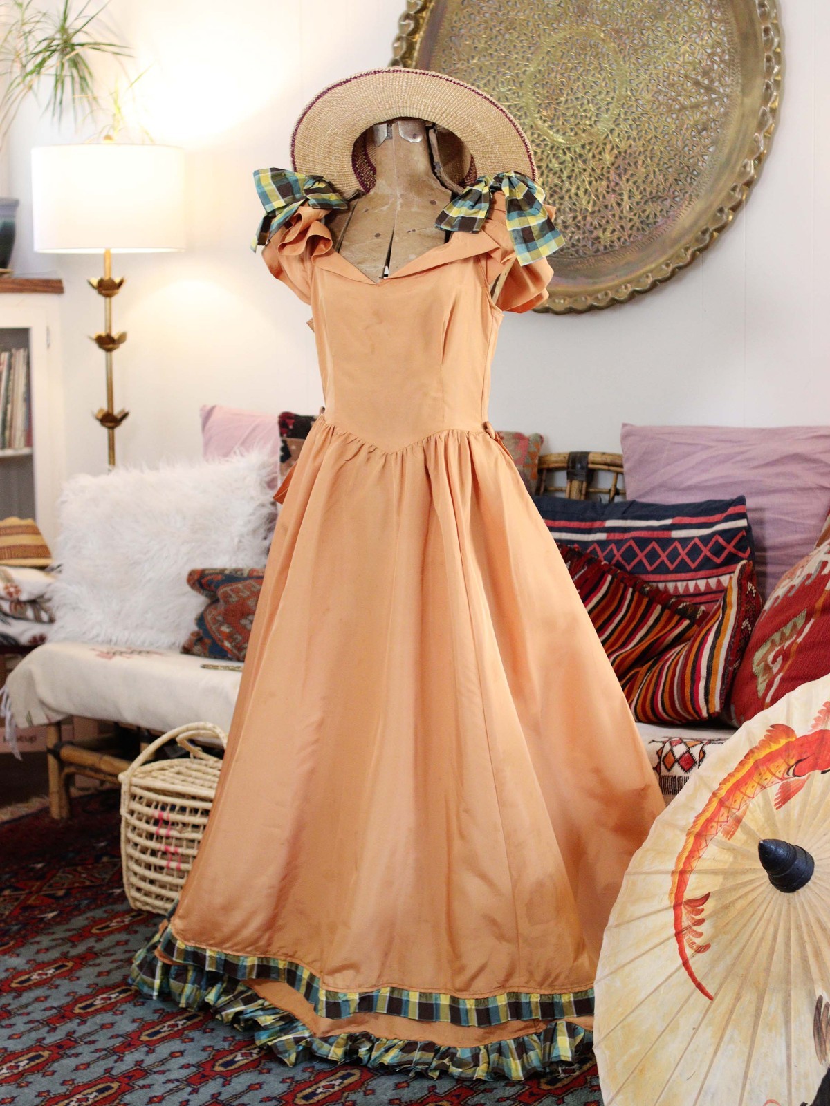 VTG 40s Southern Bell Maxi Gown Dress Ruffle Shoulders Bustle Back Gold Apricot