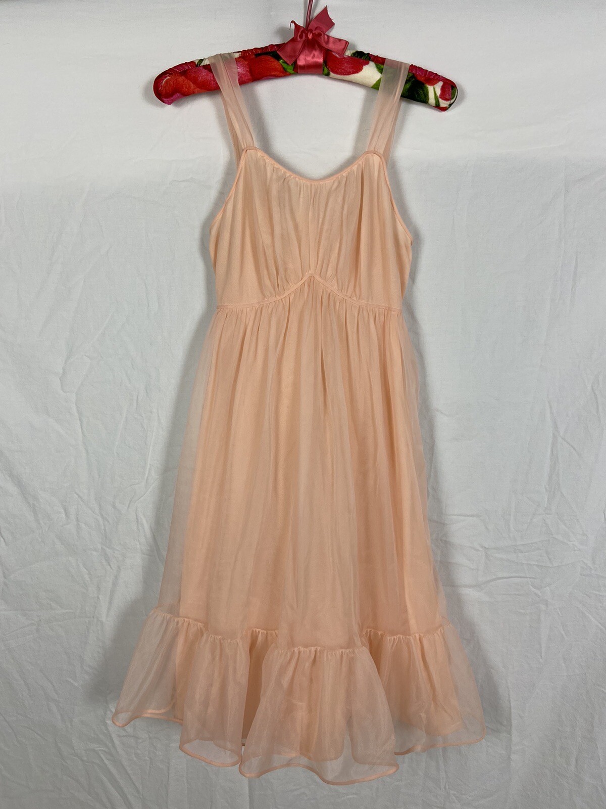 Leonora Slip Dress Nightgown Peach Pink Sheer Size Small 50s 60s Vintage Pin Up
