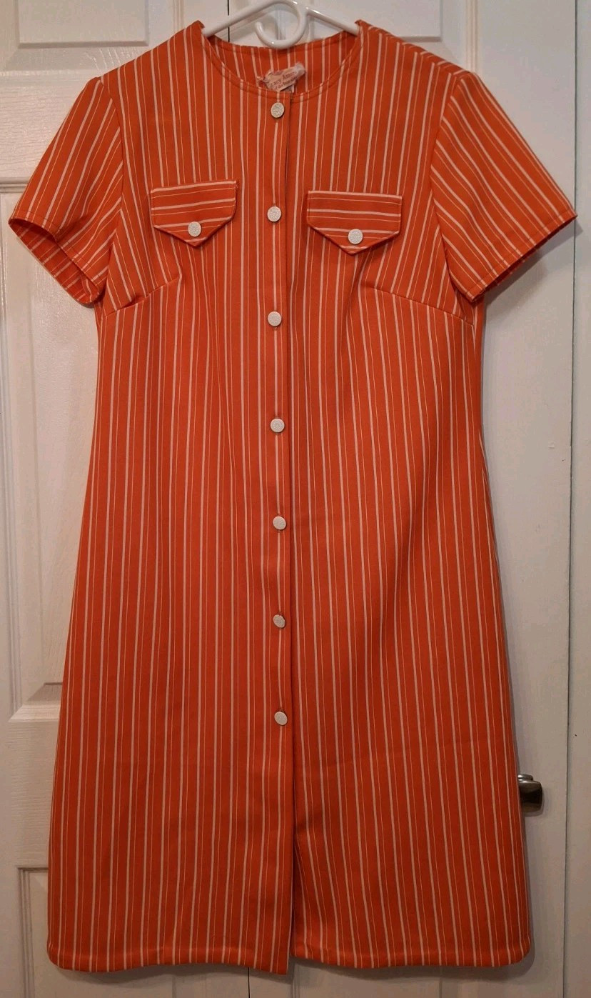 Vintage Stacy Ames Dress Orange White Vertical Stripe 50/60s Int Ladies Garment