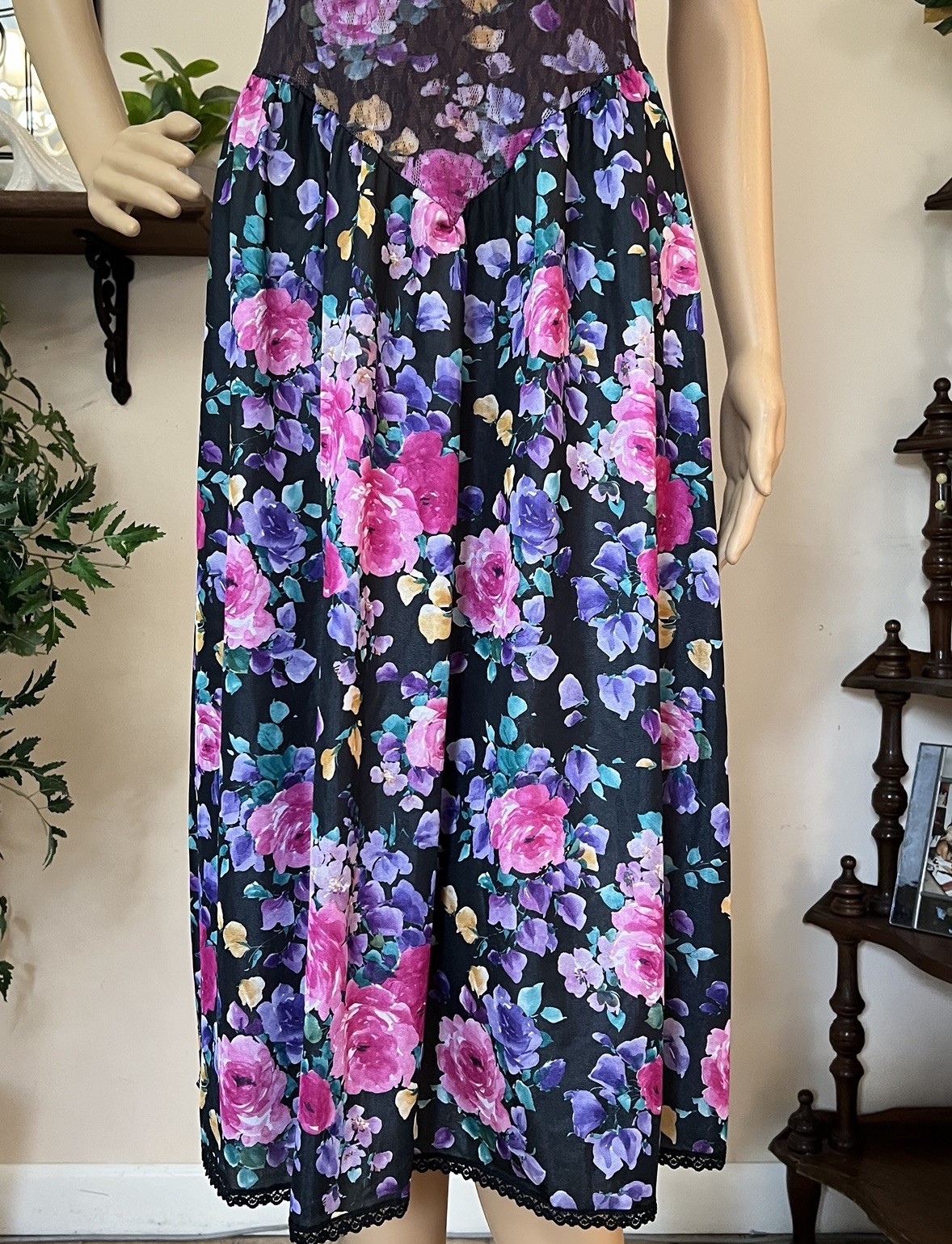 Vtg Feather Bed Intimates Slip Dress M Floral Nightgown Stretch Lace Ballerina