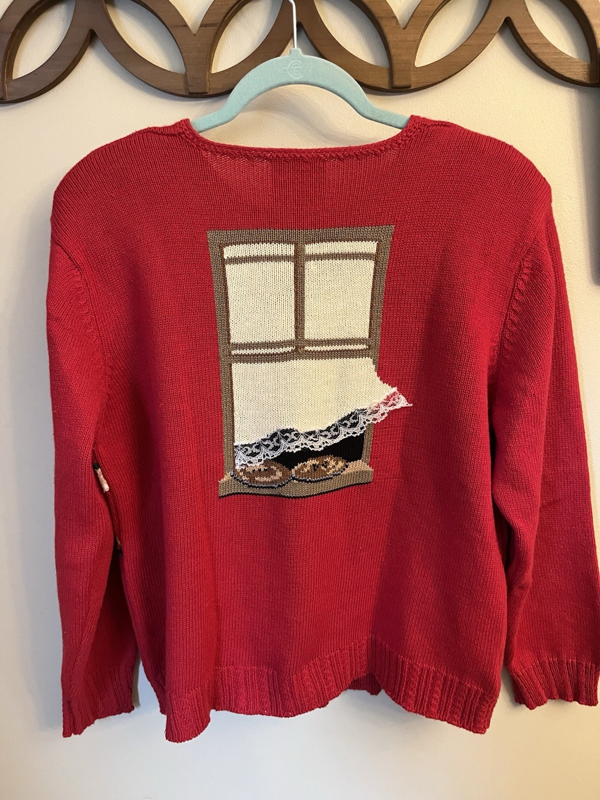 Vtg 90 Cardigan Sweater Susan Bristol Hand Knit Embroidery Kitchen Pie Baking L