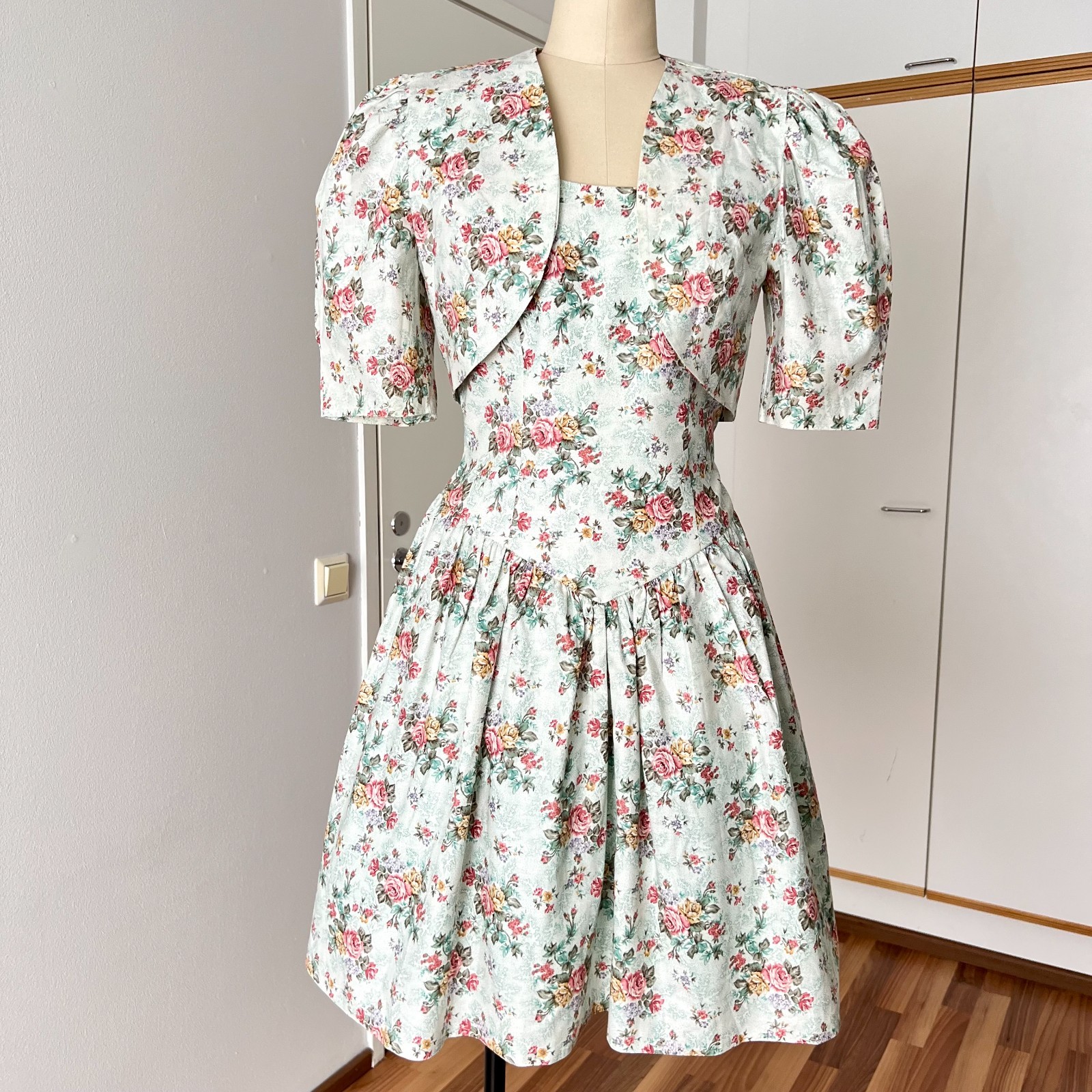 Vintage Floral Two Piece Dress & Bolero Set Puff Sleeves Tea Length Cottagecore