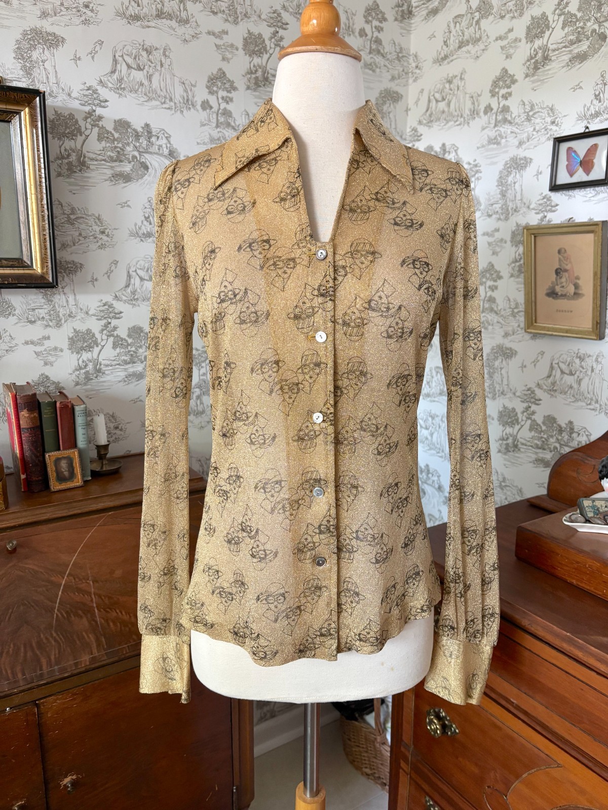 Vintage 70s LeRoy Knitwear Metallic Gold Button-Down Shirt: 1920s Print, Retro