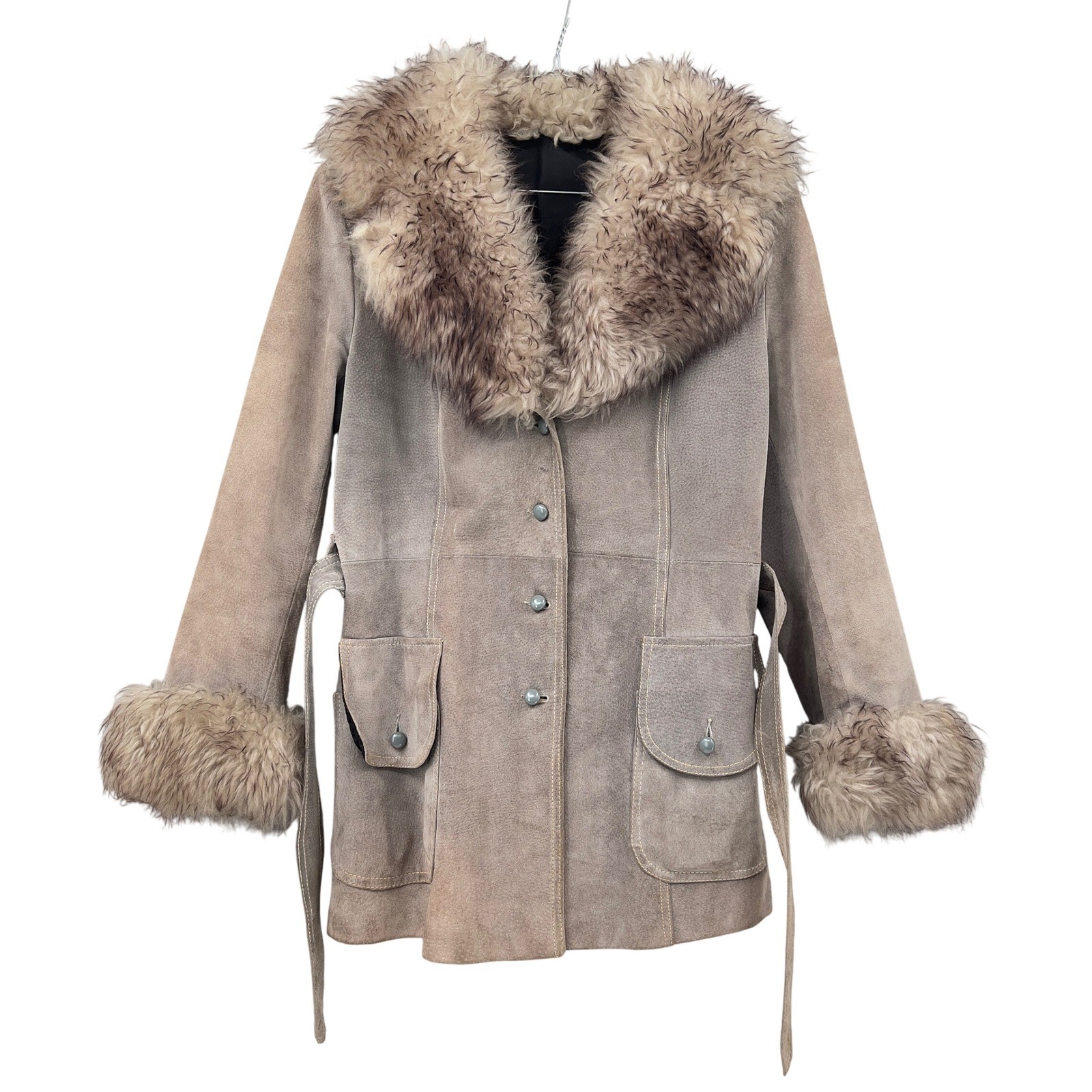 Avanti Penny Lane Suede Fur Trim Afghan Coat Belted Vintage 70s Daisy Jones 12 L