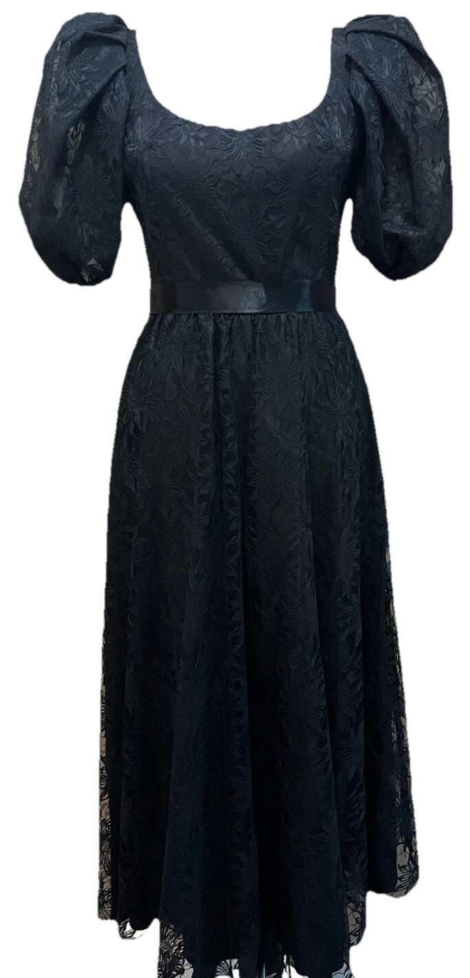 Vtg 80s Gothic Lace Long Dress XS/S Halloween Witchy Puff Sleeve Satin Bow