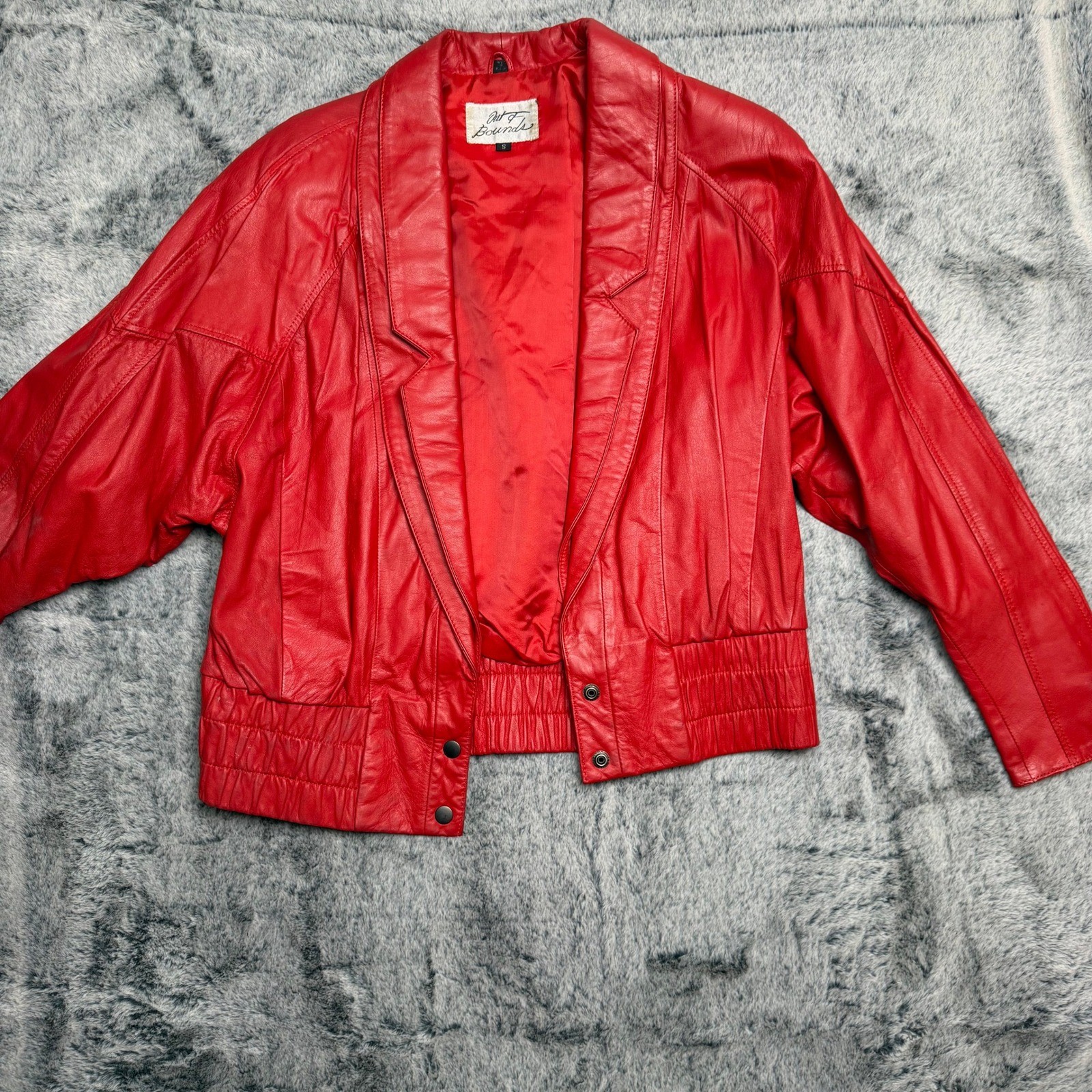 Out of Bounds Red Leather Bomber Jacket Collared Elastic Waist Size S