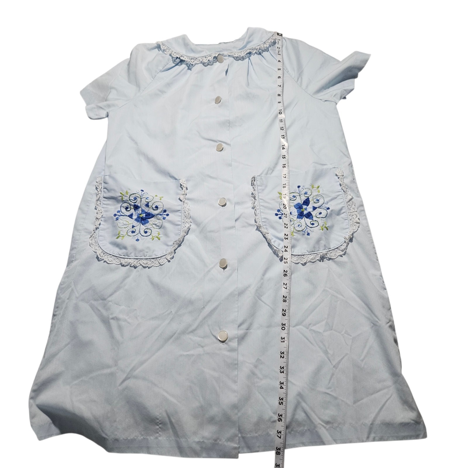 Vintage 70s Sears Comfort Coat Womens House Dress Blue Embroidered Pockets XL