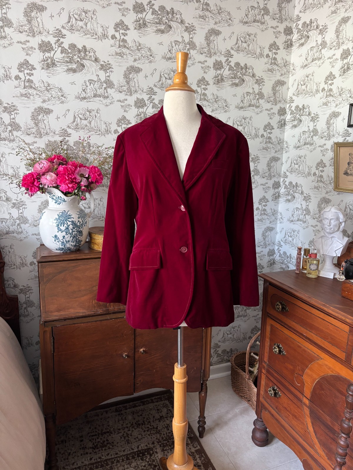 Vintage Early 80s Russ Velvet Cotton Blazer Burgundy Tailored Luxurious Glam