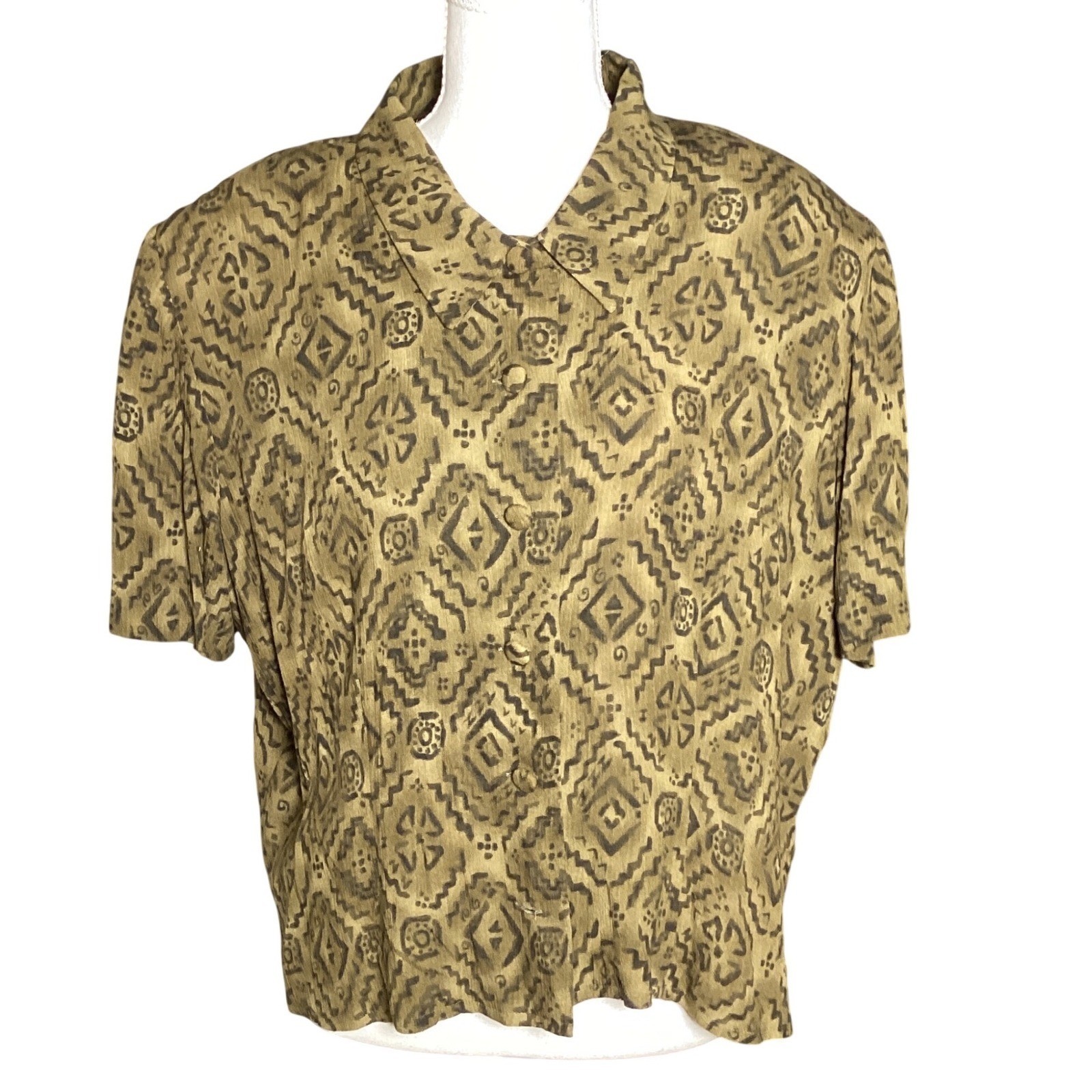 Vintage Miss Dorby Geometric Print Blouse Womens 16 Olive Green Boho Grunge