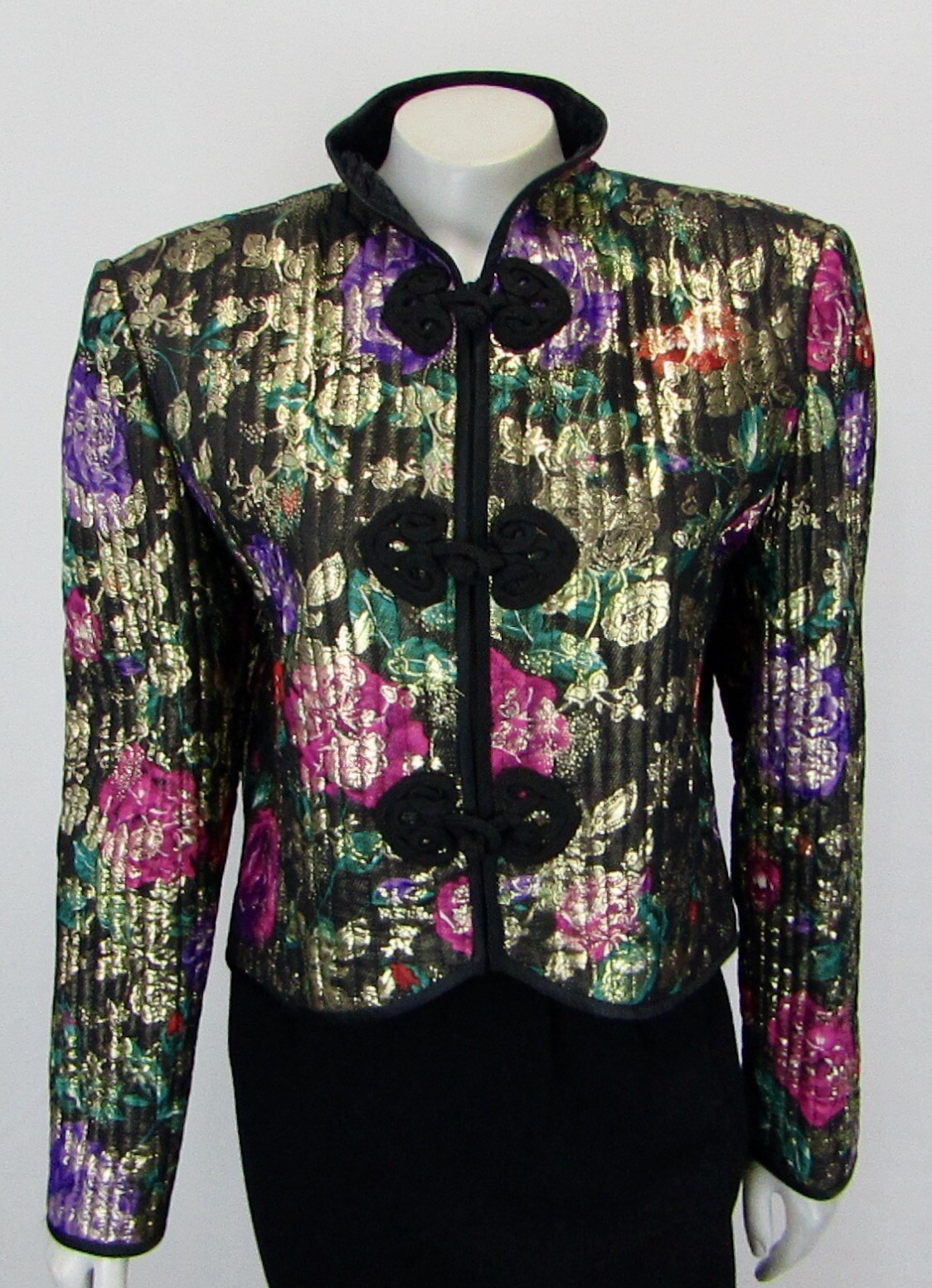 VALENTINO NIGHT Black Floral Multi-color Silk Jacket 8 1980’s VINTAGE