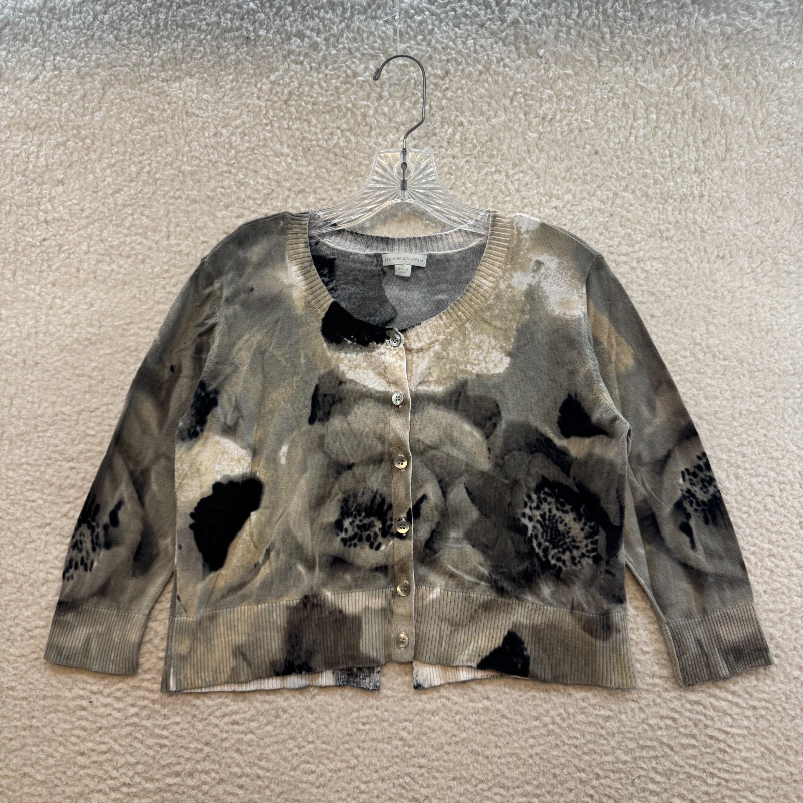 Y2K Vintage Cardigan Sweater XL Grey Rose Floral Cropped Bolero Shrug 3/4 Sleeve