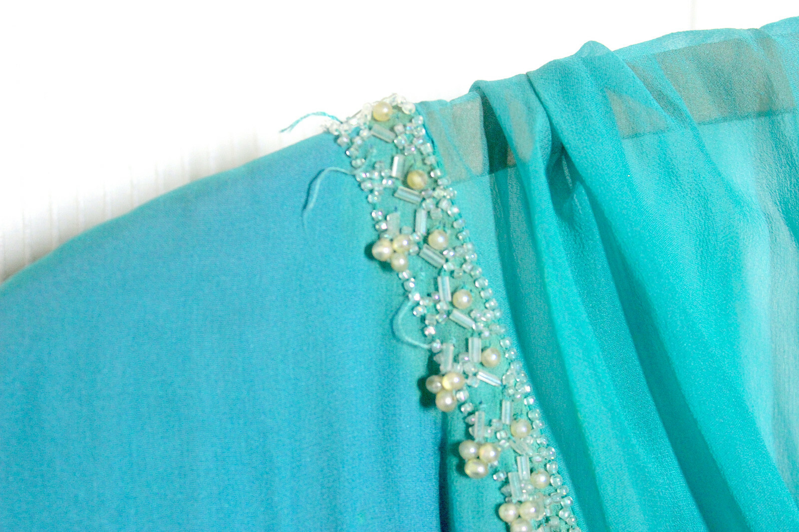 Vtg 50s Ocean Blue Silk Crepe Dress L Cameo Cowl Neck Pearl Beading Pinup Rare