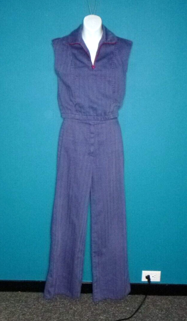 Vtg 70s Groovy The Suit Brand Blue Twill Top & Wide Leg Pants Pleather Trim Sz S
