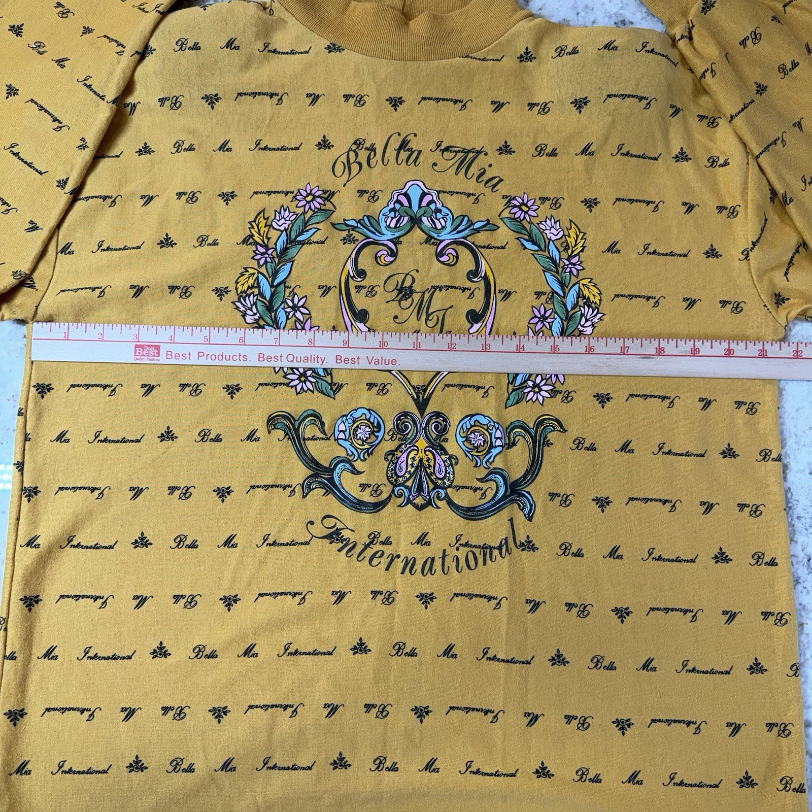 Vintage Bella Mia Mock Neck Top L Gold Baroque Graphic Crest 90s USA