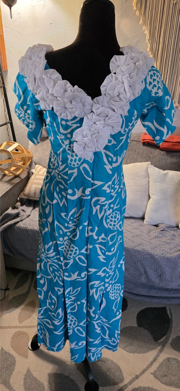 VTG Ja-Na of Hawaii Muumuu Dress Blue Pineapple Print Yoyo Ruffle Collar S/M