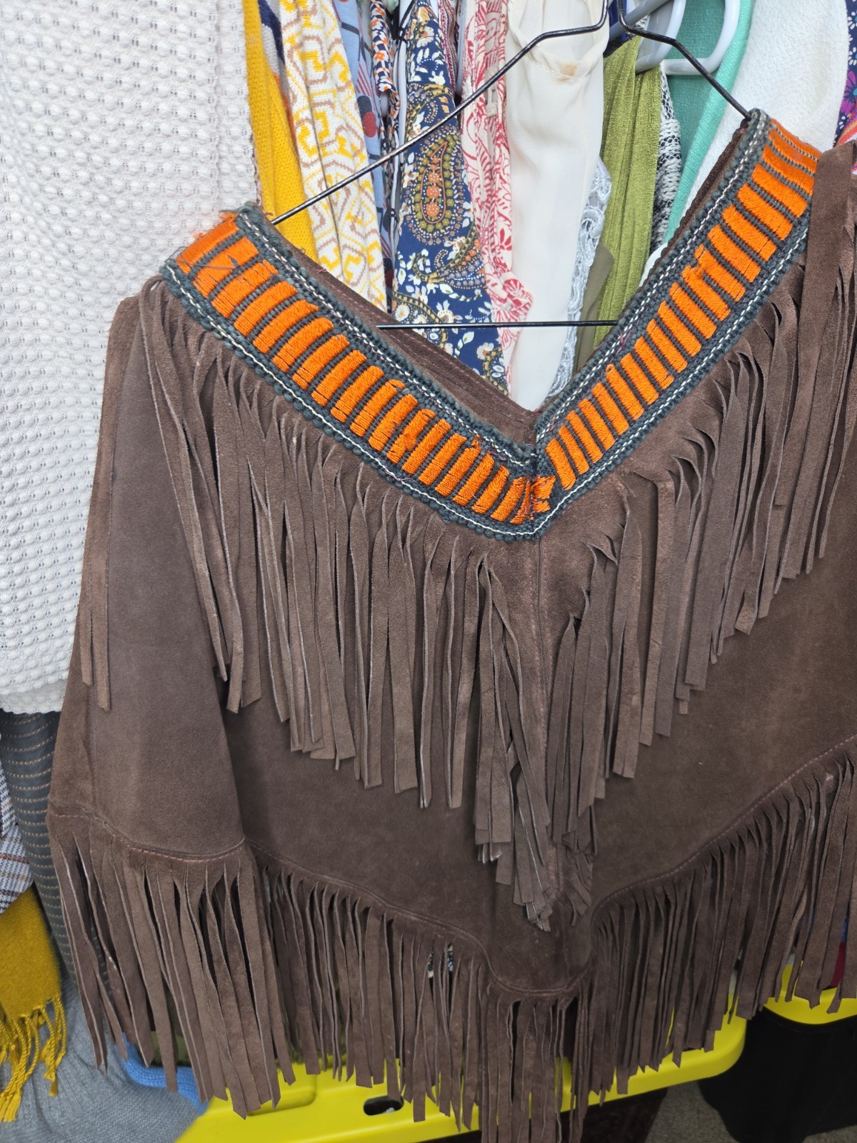 Vintage 1970s Leather Suede Ponch Brown W Fringe