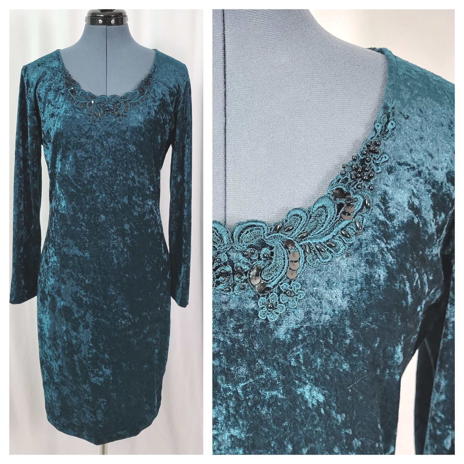 Vtg Molly Malloy Teal Green Crushed Velvet Wiggle Dress w Lace & Beads Size 12