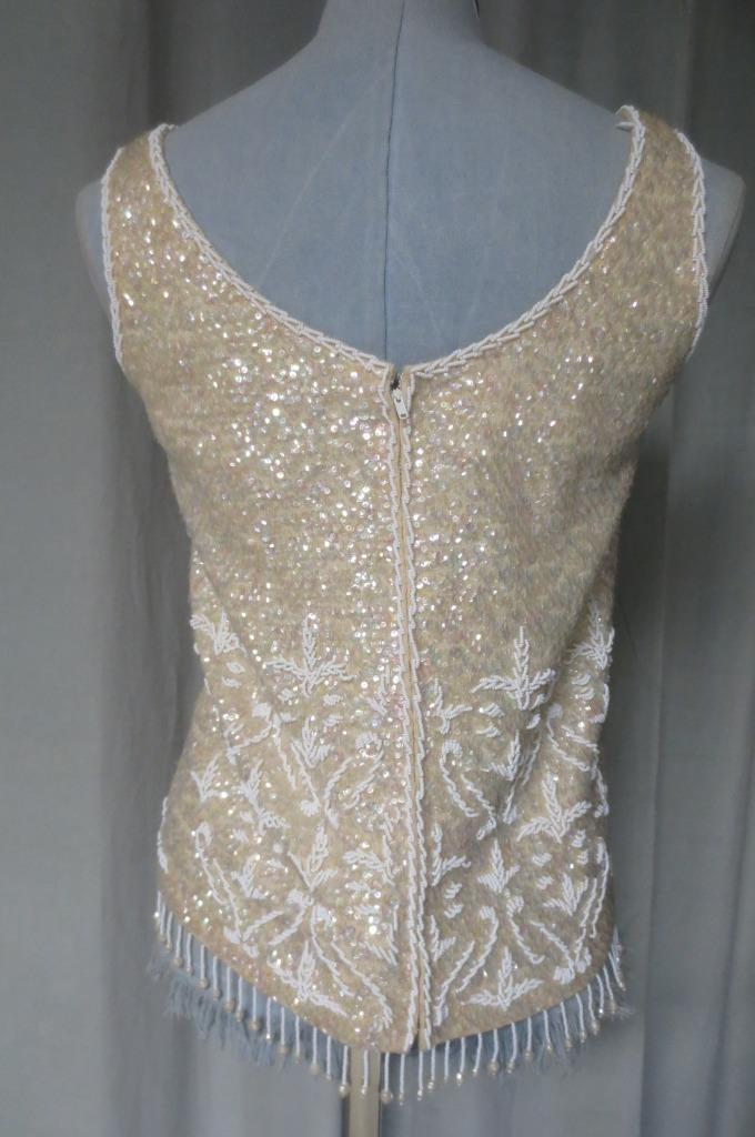 Vtg Hong Kong Wool Lined Sparkle Sequins Cream Shell Dangly Fringe Size Medium