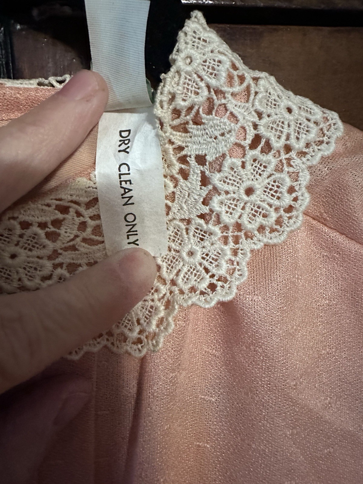 Vintage Peach Prairie Victorian Style Maxi Dress Pearl Buttons & Lace ’70’s