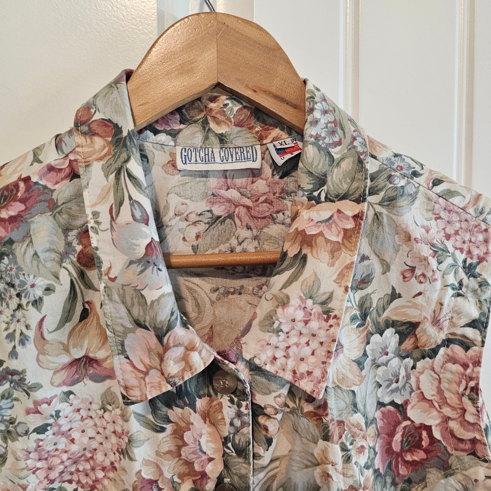 Vintage Floral Blouse Women XL Pink Cottage 90s Retro Roses Pastel Coquette Boho