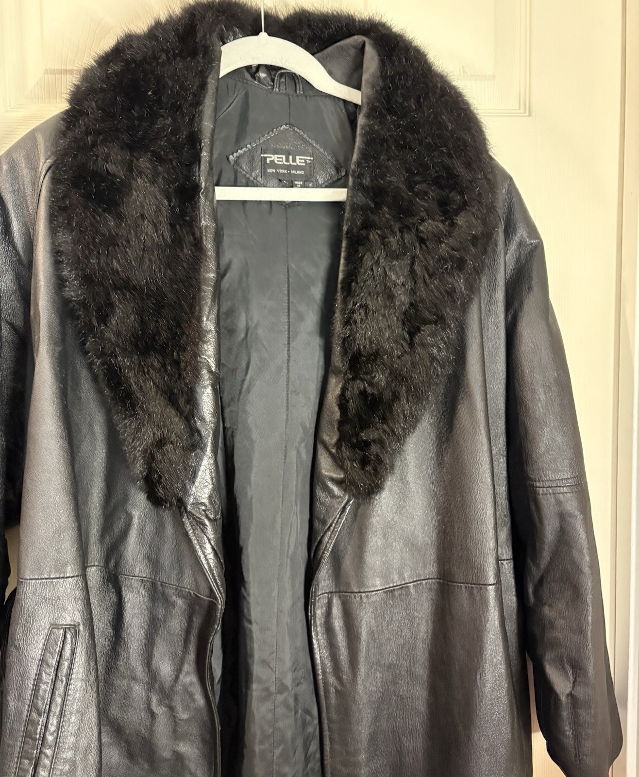 Pelle New York Milano black leather maxi coat with Fur Trim