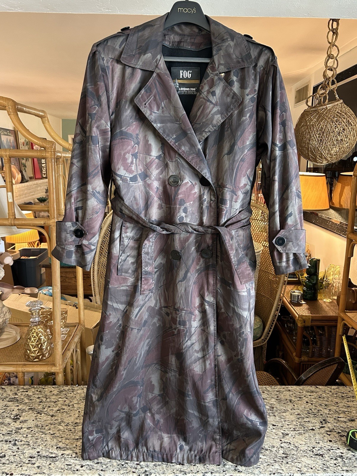 Vintage 90s London Fog Women’s 6 Abstract City Camouflage Trench Coat Wool Lined