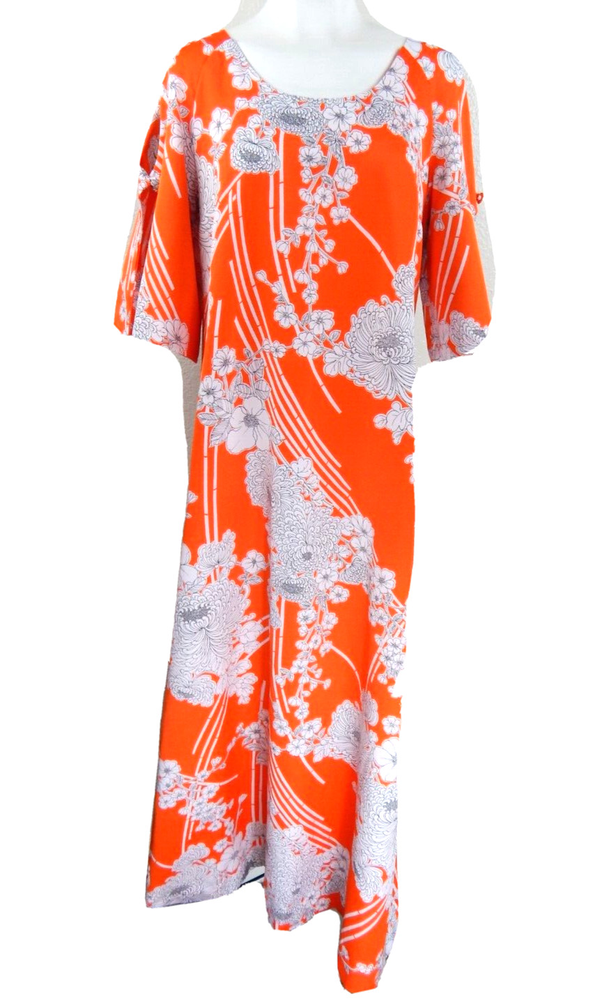 Vtg Mcinerny Hawaii Large Maxi Dress 70’s Orange Floral Open Shoulder
