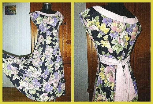 Vtg 80s French Country BoHo Floral Print Garden Party Bow Belt midi DRESS S M