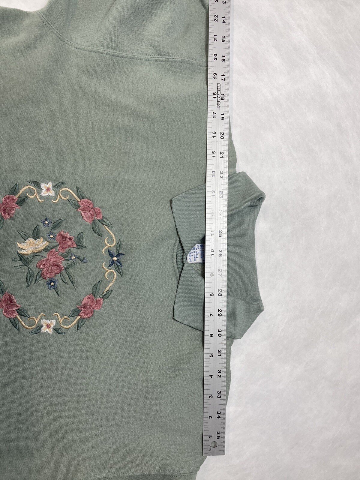 Vintage 90s Westport Embroidered Grandma Sweater Mint Green Floral Large Collar