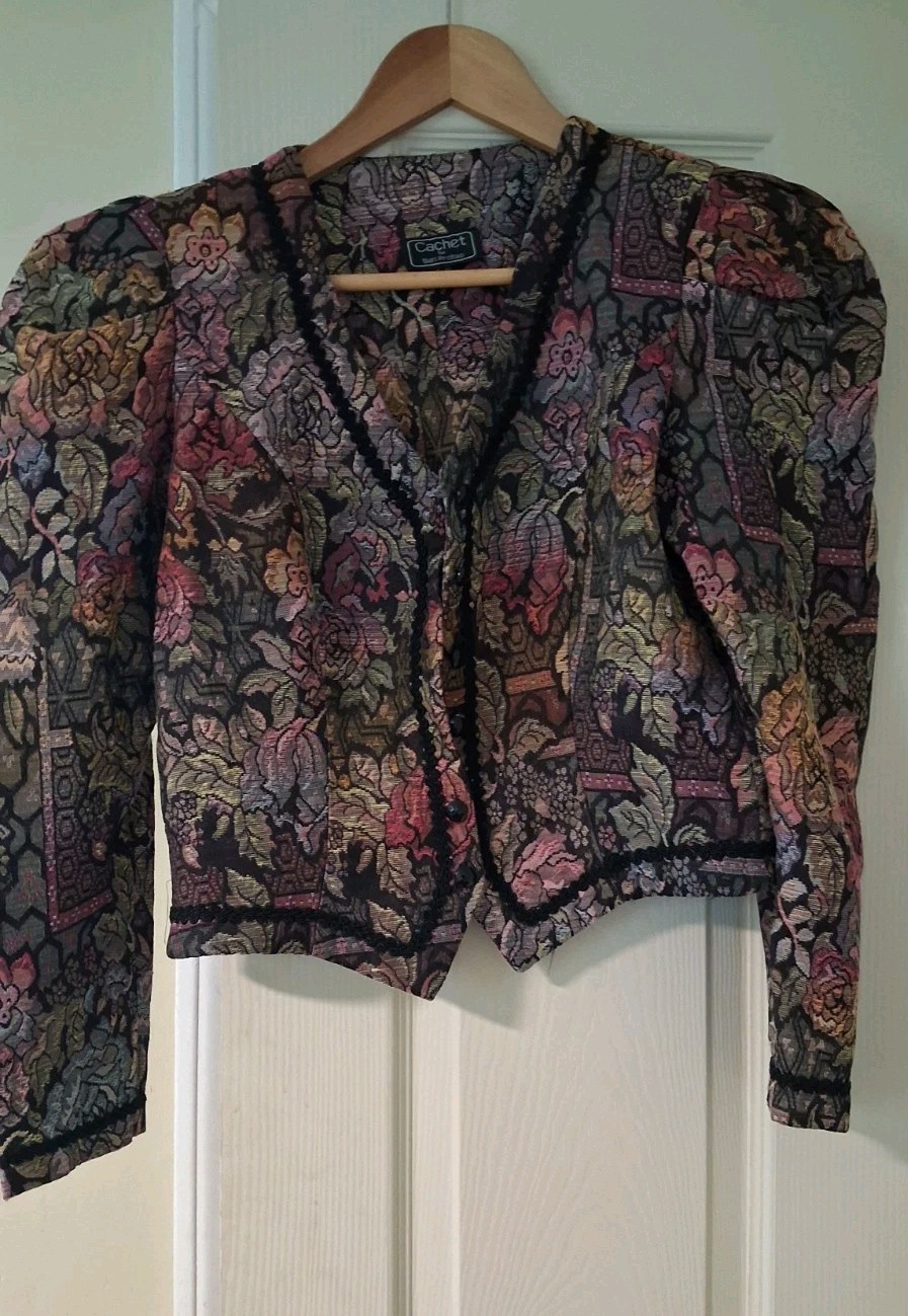 Vintage Cachet by Bari Protas Cropped Tapestry Jacket Floral Brocade Blazer