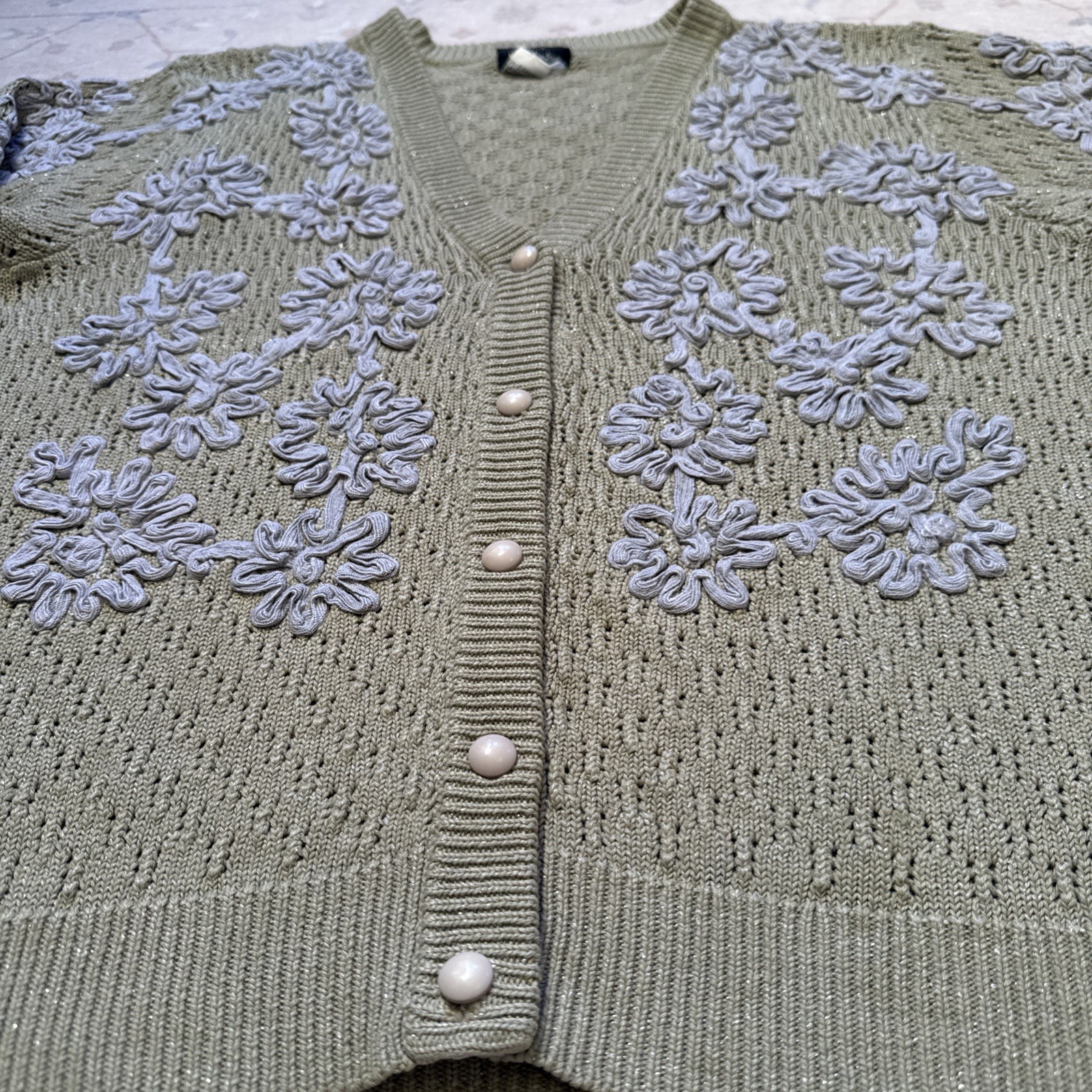 Vintage Fully Fashion Crochet Knit Appliqué Metallic Cardigan Wool Blend S-M