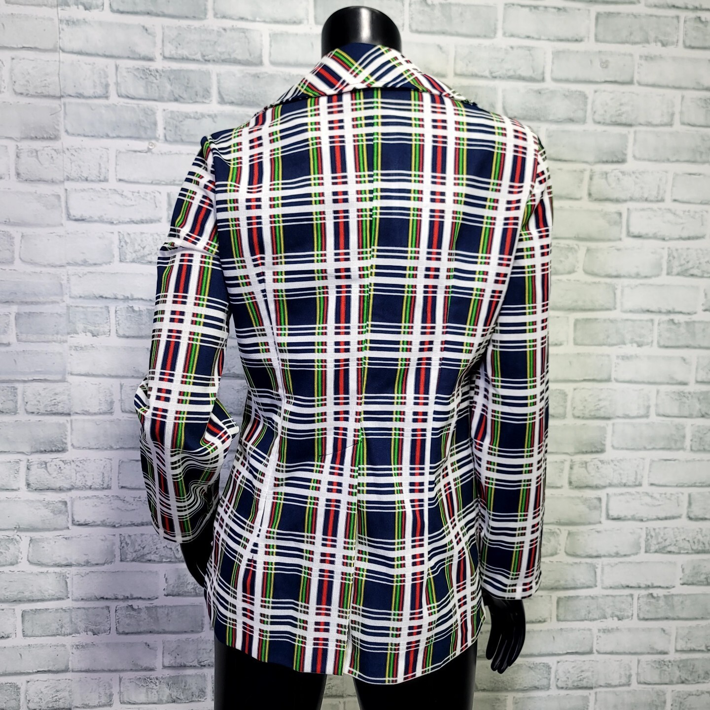 Vintage 70s Womens Colorful Plaid Double Knit Polyester Blazer Disco Career Cas