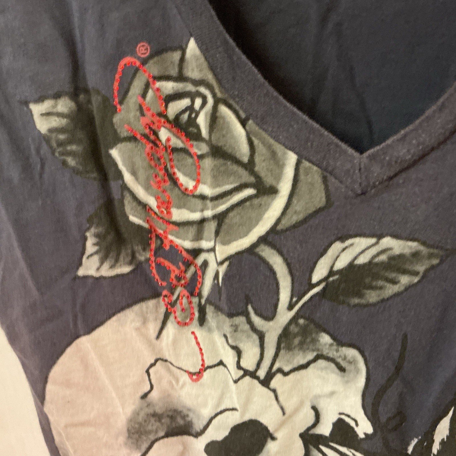 Woman’s Mid 2000’s Archival Y2K Don Ed Hardy Designs Skulls Rhinestone Shirt