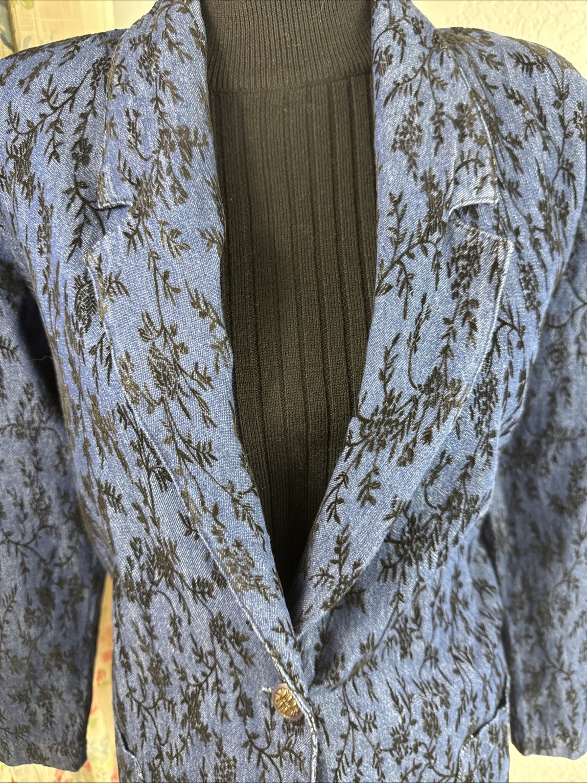Vtg Raphael Lorenzo Denim / Black Embroidered Flowers Goth Blazer Sz M
