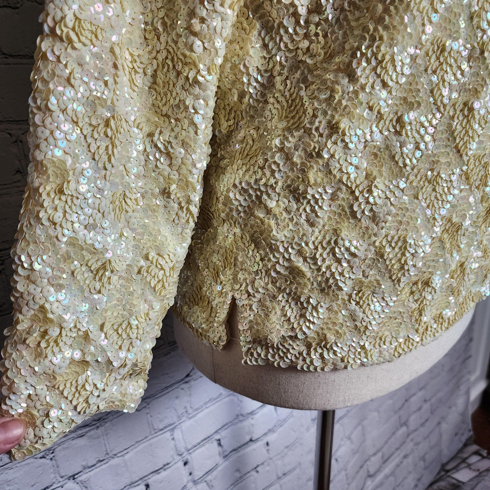 Vintage 60s Iridescent Gold Beige Sequin Jacket Bridal Formal Large Size 40