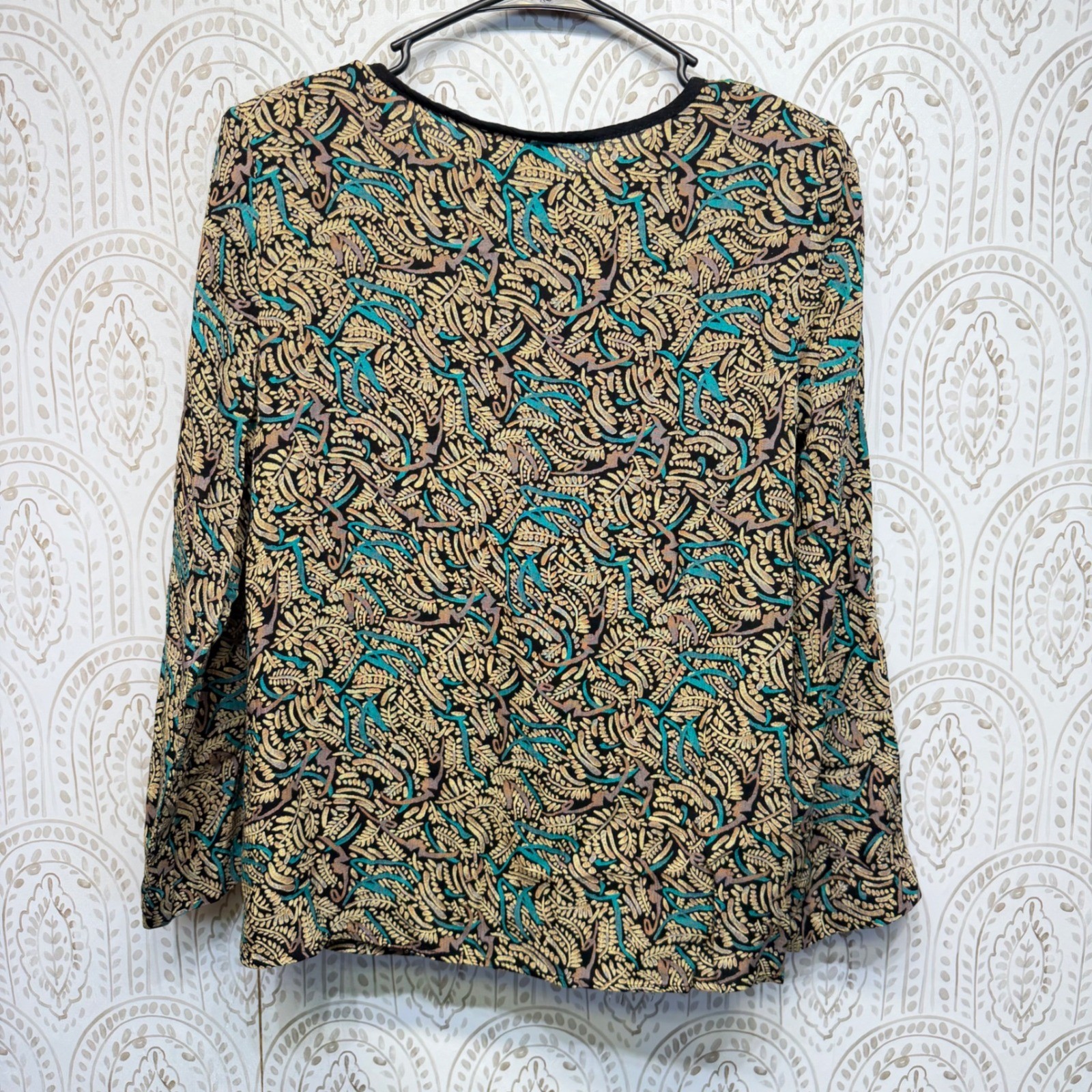Ms Interpret Vintage Blouse Womens 8 Black Green Rayon Mixed Print Shoulder Pads