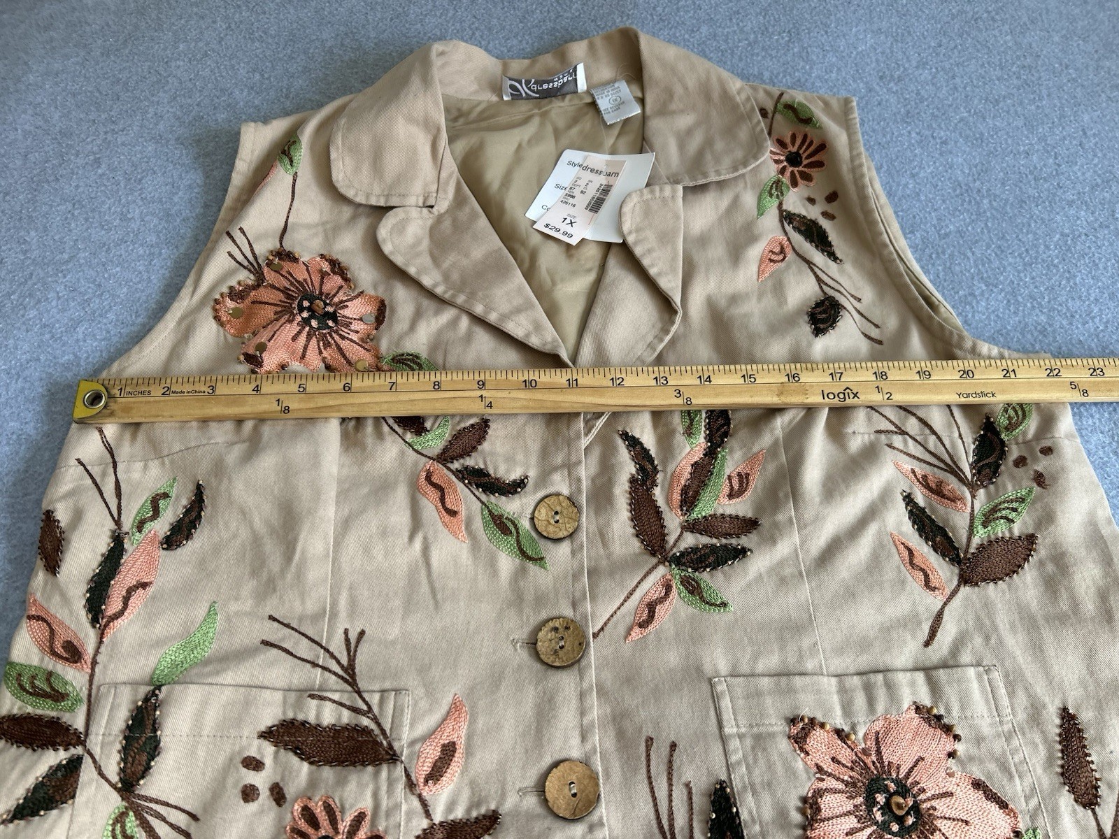 Dress Barn vintage-style tan vest With embroidered floral patterns, bohemian, 1X