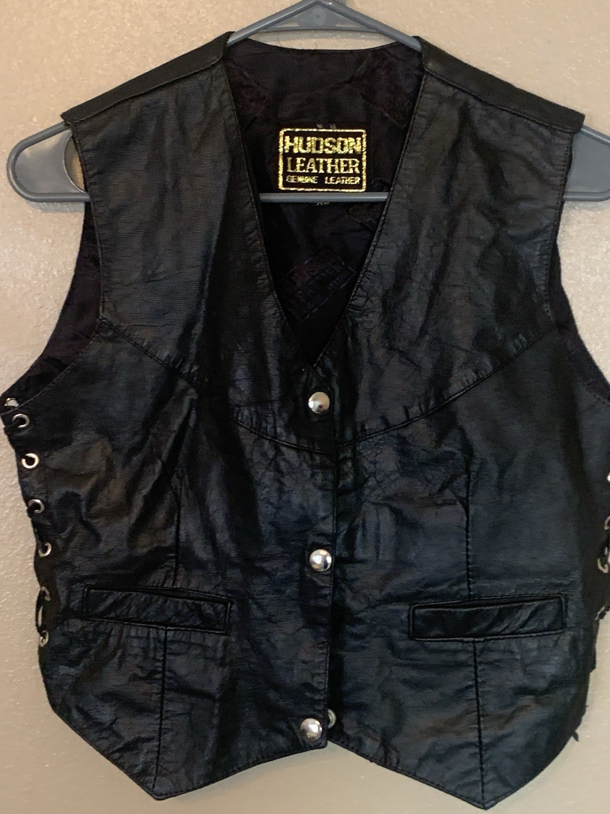 Vintage Hudson Leather Black Leather Vest Lace Up Sides Size XS
