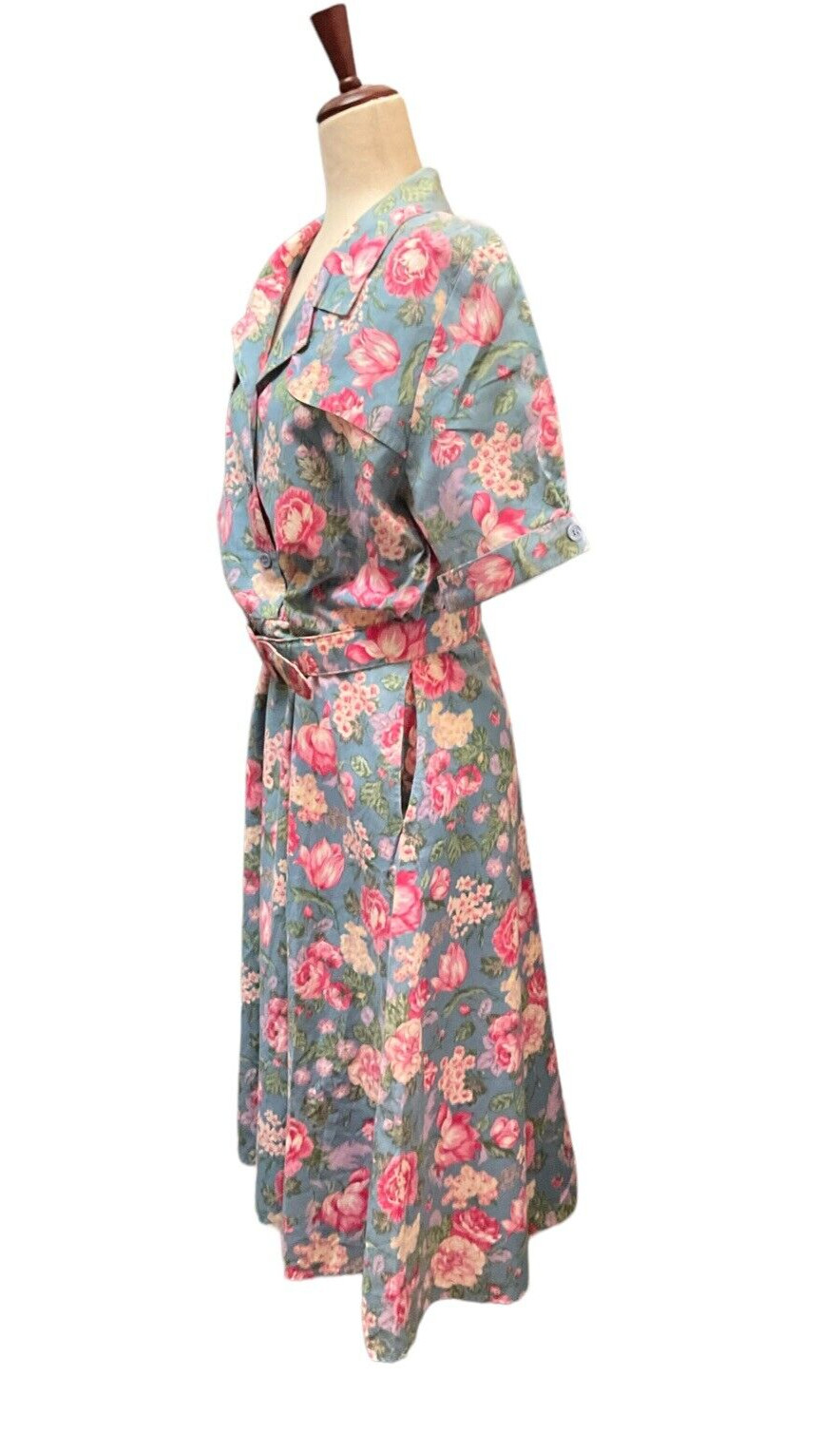 Vintage 1980s Dress MGM Cotton Midi Secretary Floral Blue Pink Sz 14 Belt Pocket